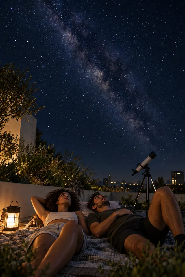夜里的楼顶花园，两个朋友躺在毯子上看银河