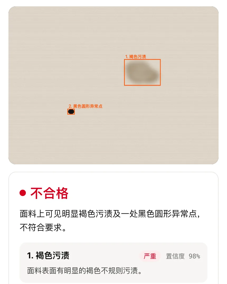 瑕疵检测：在布料照片上框出污渍与疑似破洞，判定不合格