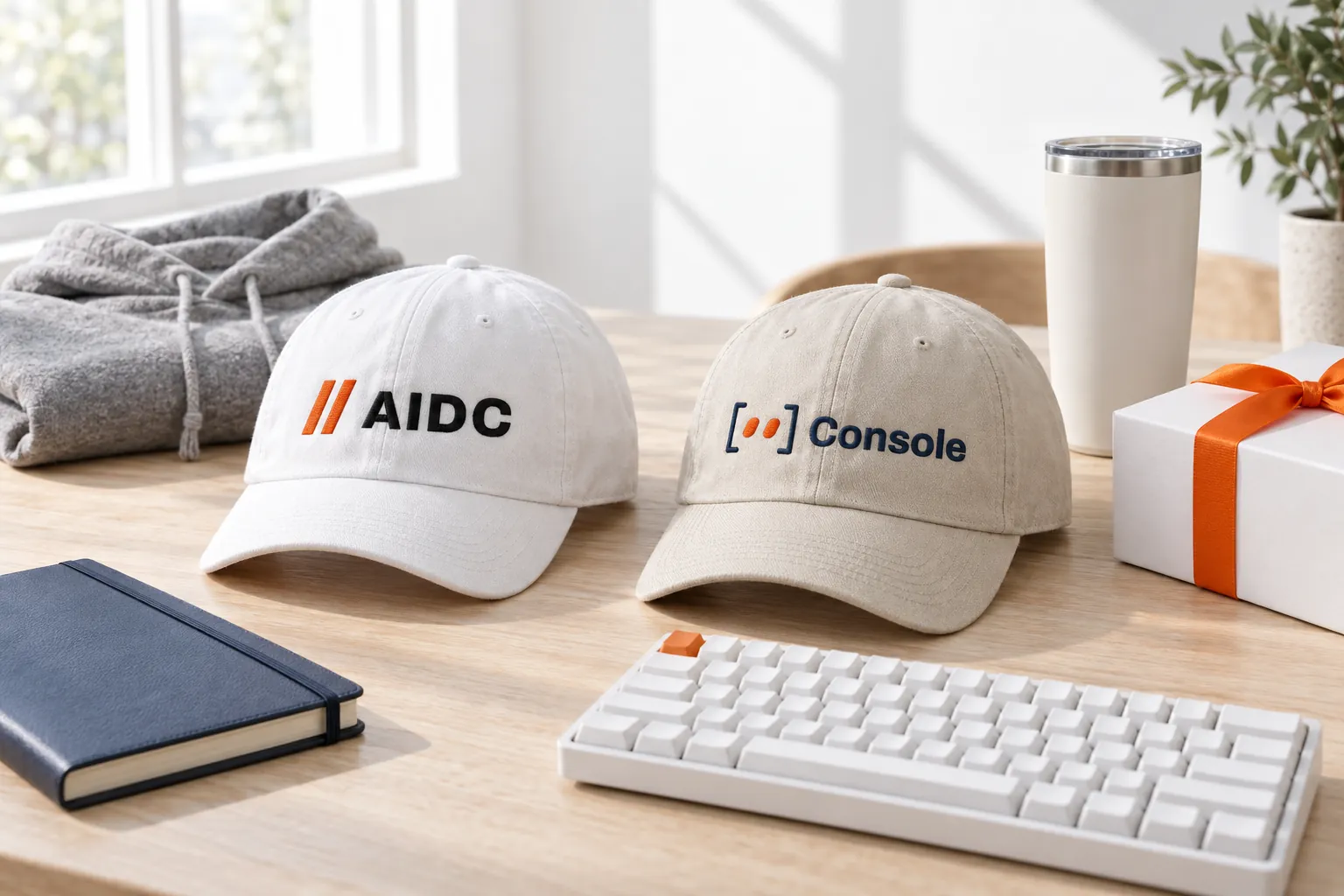 白色工作室里的系列静物:卫衣、AIDC 与 Console 帽子、皮面笔记本、随行杯、键盘与礼盒