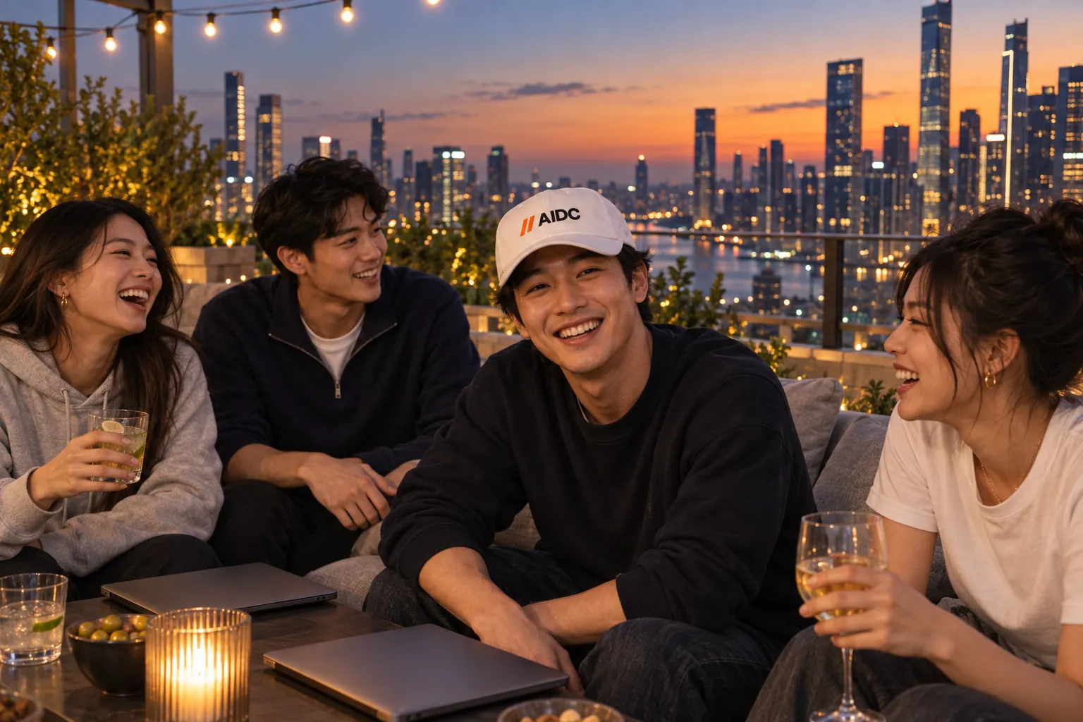 城市天台的黄昏，创业团队的年轻人合上电脑放松聊天